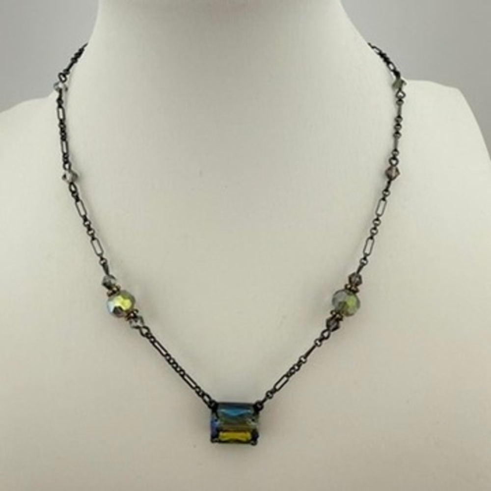 Versona Gunmetal Necklace Iridescent Crystal Emerald Cut Whimsigoth Design